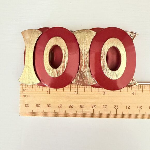 70s Vintage Red Resin / Goldtone Metal Stretch Statement Bracelet Modernist - Picture 11 of 11